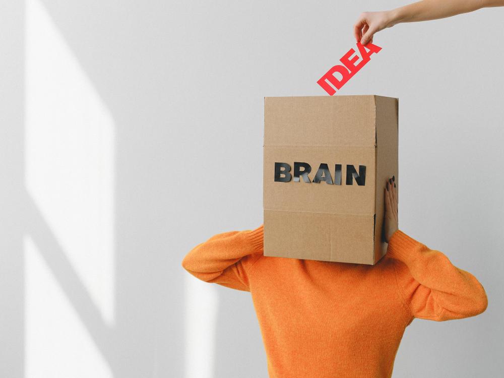 Persoon met doos over het hoofd met tekst Brain en Idea.